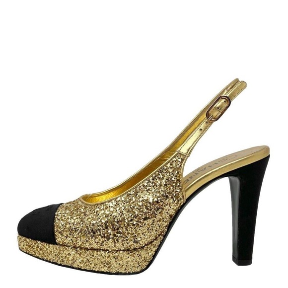 CHANEL gold glitter and black grosgrain cap-toe slingbacks w/ black patent heel - Picture 1 of 3